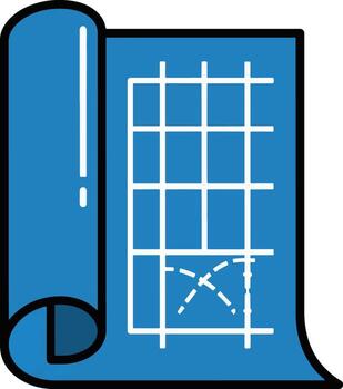 Rolled blueprint icon with a grid layout representing an industrial engineering or architectural plan. Simple graphic for project planning and design vector