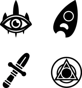 A minimalist set of four monochrome icons representing occult, witchcraft, and esoteric themes like the all-seeing eye and planchette vector