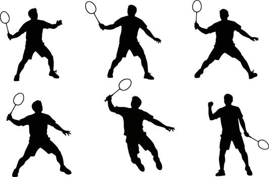 Set of black silhouettes of a badminton player in dynamic poses, representing action and sport vector