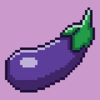 Pixel art icon of an eggplant or aubergine in a 8-bit game aesthetic. Featuring a rich purple body and green stem, a perfect asset for any project requiring a simple retro graphic vector