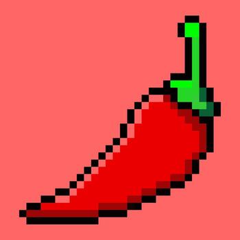 A sharp and spicy pixel art illustration of a red chili pepper, designed with an iconic 8-bit game aesthetic. Excellent choice or any project needing a kick of retro heat vector