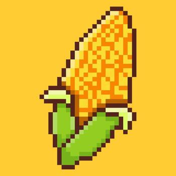 Pixel art illustration of corn on the cob, featuring vibrant yellow kernels and green husks in a 8-bit retro style. Ideal for any digital project with a food, harvest or retro gaming theme vector