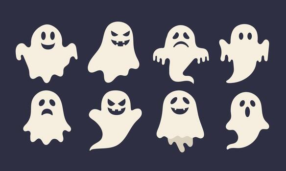 Collection of eight ghost characters showing various expressions, from happy to scary and sad, for Halloween celebration design vector