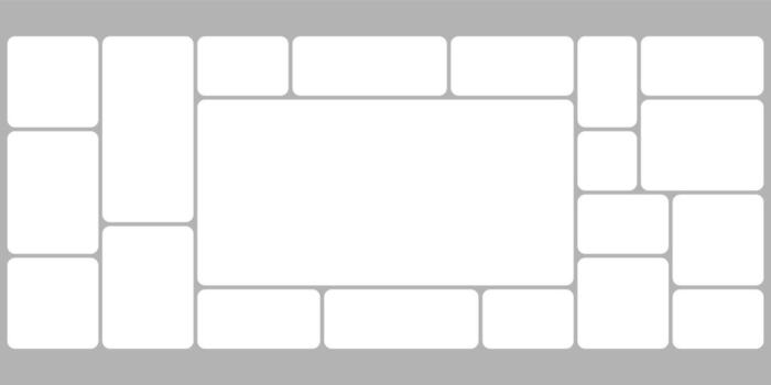 White grid template, bento box photo frame collage layout. Light mood board mockup horizontal banner. Puzzle mosaic blocks for picture gallery page. Flat graph y2k dashboard presentation slide design vector