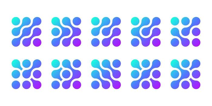 Atom dots connected, molecule structure pattern. Abstract circle shapes, liquid collagen drops. Medical tech metaball cells. Wavy merge fluid arrow, laboratory symbol. Dividing blob circuit cross vector