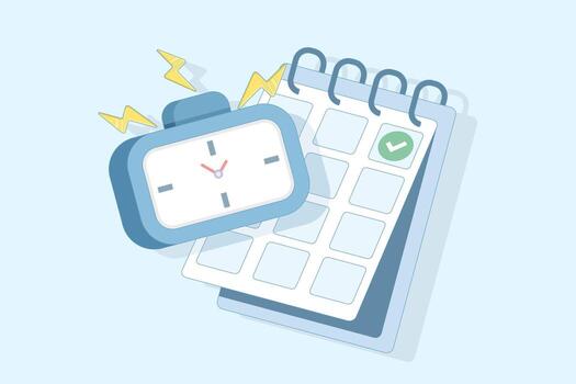Flat illustration of deadline and time management concept. Alarm clock with calendar for reminders, scheduling apps, productivity planning, and efficiency improvement tools. vector