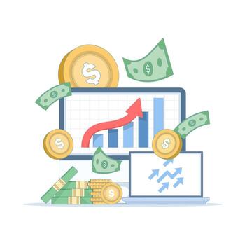 Flat illustration of investment growth concept. Computer screen showing rising graphs, symbolizing financial success, money increase, profitable strategies, and business achievement. vector