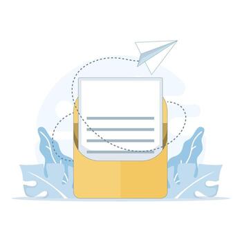 illustration of email sending concept. Large envelope with message inside and paper airplane symbolizing fast digital communication, online messaging, and modern correspondence services. vector