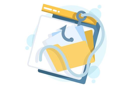 Flat illustration of data theft concept. Phishing and hacking represented by a hook grabbing a folder symbol, symbolizing stolen files, information breaches, and digital security risks. vector