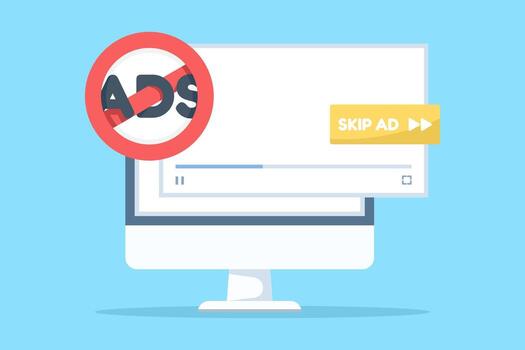Flat illustration of ad blocker concept. Software tool or browser extension to skip or block online advertising, ensuring smooth viewing experience with digital icons on background. vector
