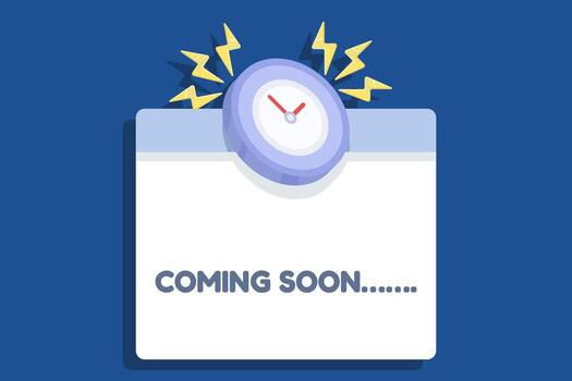 illustration of coming soon banner with website browser screen and clock. Loading icons, under construction notice, and technical work in progress announcement. vector
