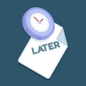 Flat of procrastination concept. Sticky note with Later handwritten, accompanied by small alarm clock on blue background, symbolizing delay, lack of self-discipline, or postponing tasks. vector