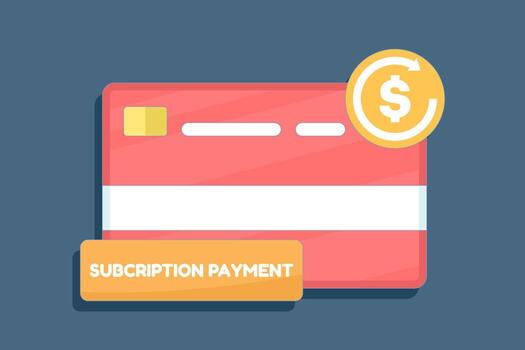 Flat icon of subscription payment. payment card with circular arrow symbolizing recurring monthly fees, regular billing cycle, and modern concept of automated subscription services. vector