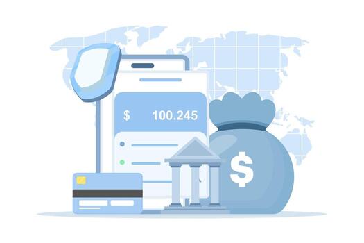 Flat illustration of mobile banking and online payment concept. payment cards, e-wallets, e-commerce purchases, and digital transactions for fast, secure, and convenient financial operations. vector