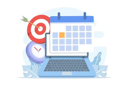 Flat of time management concept. Laptop, calendar, clock, and target elements represent scheduling, productivity, goal setting, and effective planning for personal or business tasks. vector