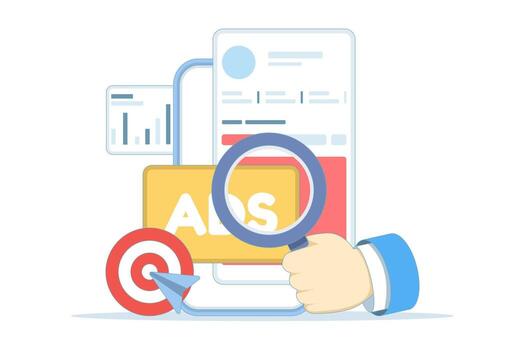 Flat illustration of mobile advertising strategy. Native ads and programmatic targeting for smartphones, optimizing campaigns, increasing engagement, and enhancing mobile marketing performance. vector