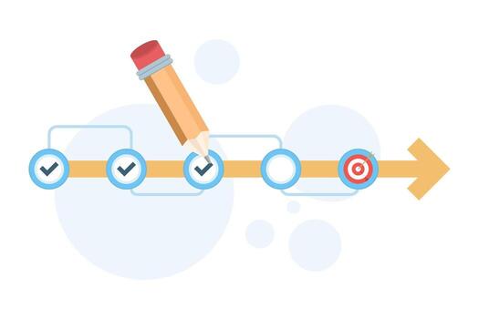 Concept of goal tracking and task completion in project management. Large pencil marks checklist items, showing project timeline progress, milestones achieved, and productivity improvement. vector