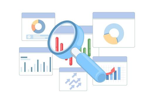 illustration of business report and graph analysis. Magnifying glass examining research charts, diagrams, and dashboard elements to represent financial data and market insights. vector