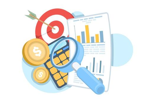Financial audit and data analysis concept. Accountant reviewing reports, diagrams, and charts for business budget, market statistics, and performance evaluation in a modern illustration. vector