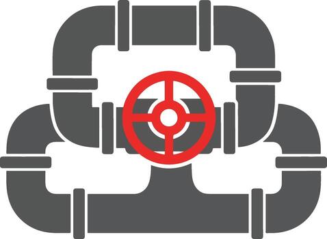 industrial icono representando un complejo tubo sistema con un interconectado tubería red y un central rojo controlar válvula vector