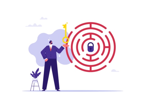 oplossing zoeken en oplossen probleem concept, zakenman Holding sleutel en denken hoe naar voorbij gaan aan de doolhof en ontgrendelen hangslot, op zoek voor antwoorden png