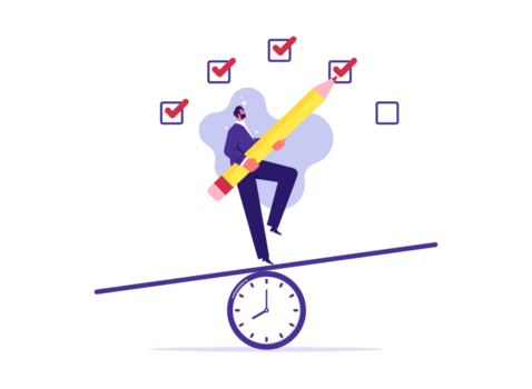 Project management process to manage and develop with resources to deliver quality product, businessman balance on clock and filling checkmark, successful completion of business tasks png