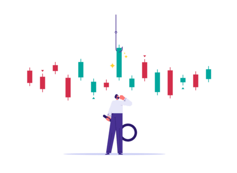 candelero gráfico a comprar o vender en valores mercado concepto, analizar datos, gráfico y grafico a hacer ganancia, empresario comerciante pensando mientras analizar verde grafico con pescar cebo png