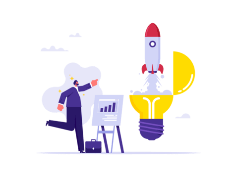 Concept of innovative project launch, businessman points to rocket or spacecraft flying out of lightbulb, innovative project, startup png