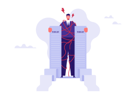 lång till do lista, prestanda och effektivitet förvaltning eller överväldigad arbete och ansvar, affärsman innehav lång att göra lista på papper med tilltrasslad rörig rep runt om png