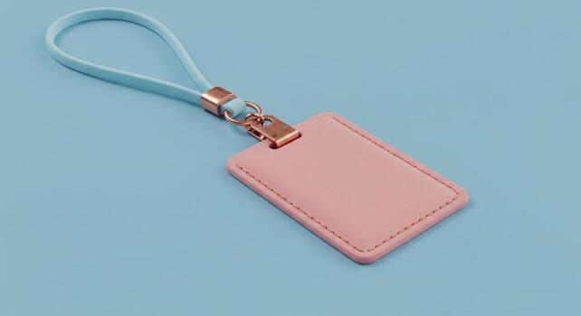 Pink Rectangle Hanging on Light Blue Background with Strap photo