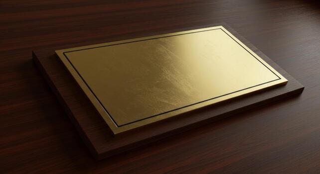 Golden Plaque on Dark Wood Surface with Soft Lighting Presentation Mockup photo