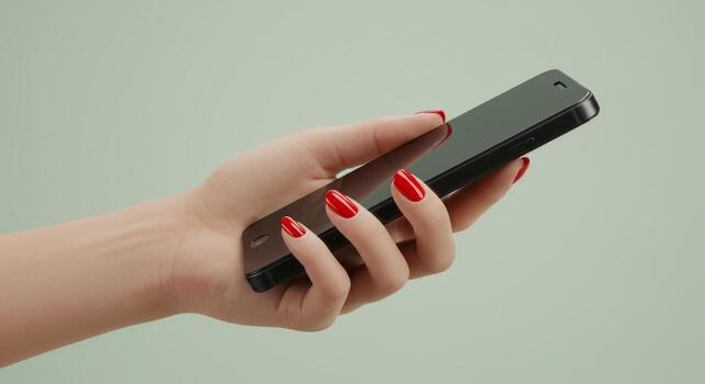 mano participación negro móvil teléfono con rojo uñas en llanura antecedentes foto