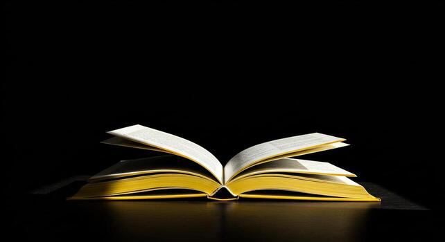 abierto libro con oro bordes leyendo en oscuro superficie foto