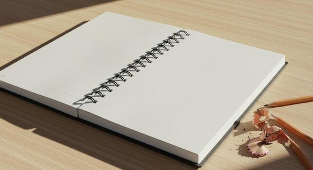 Open Blank Notebook with Pencils and Shavings on Light Brown Wooden Desk Surface photo