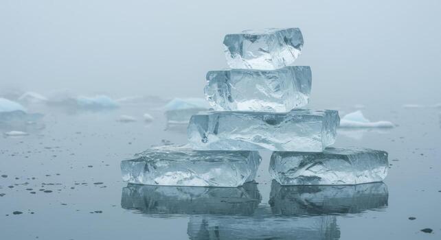 Transparent Ice Blocks Stacked Reflecting in Water on Foggy Background photo