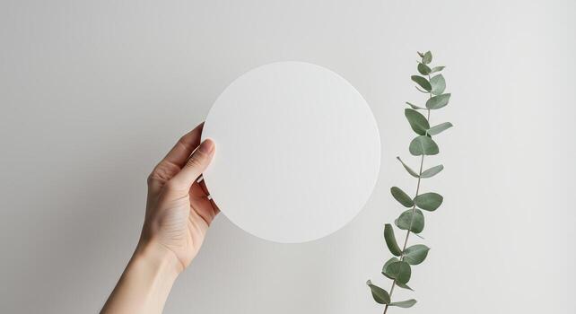 Hand Holding White Circle with Green Eucalyptus Branch on Light Background photo