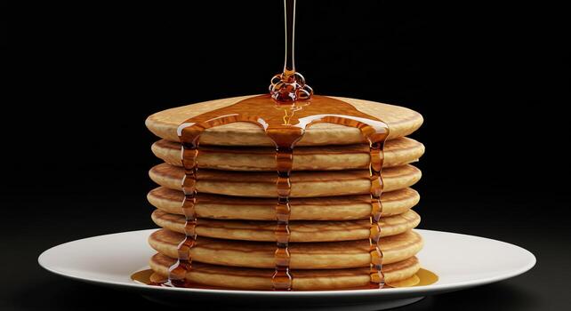 Stack of Pancakes with Syrup Drizzling on Top on a Black Background photo