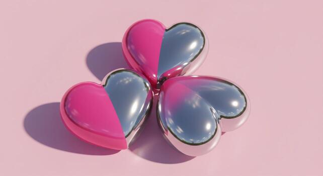 Tres lustroso corazón conformado objetos en rosado y plata, arreglado en un trébol modelo en un rosado antecedentes foto