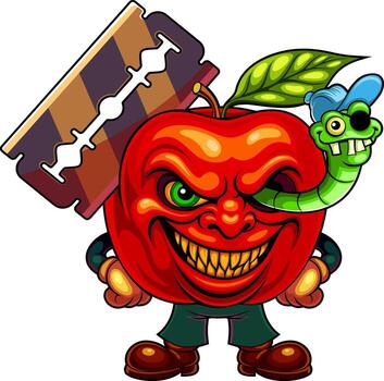 image of an apple with a razor and a worm, dedicated to Halloween vector