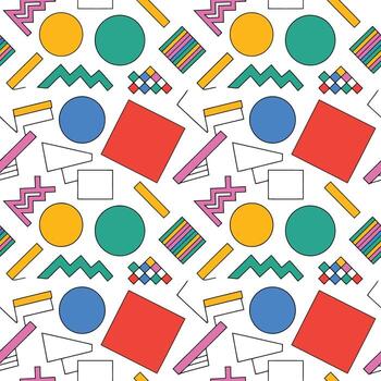 Retro 80s memphis style pattern with geometric shapes and wavy lines illustration vector