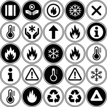 Set of circular icons representing various warnings, temperatures, and handling instructions isolated on white background illustration vector