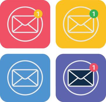Four colorful square icons with envelopes and notification badges, representing email communication illustration vector