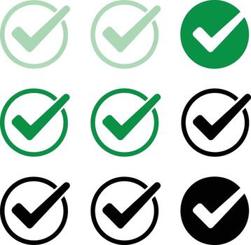 nueve marca de verificación íconos en verde y negro, dentro círculos y cuadrícula, aislado en blanco antecedentes ilustración vector