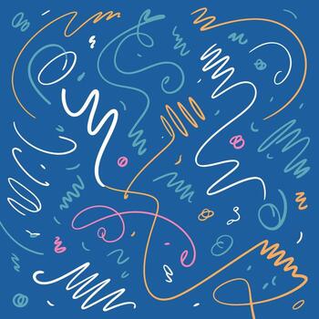 Whimsical abstract doodle pattern with colorful scribbles and lines on a dark blue background illustration vector