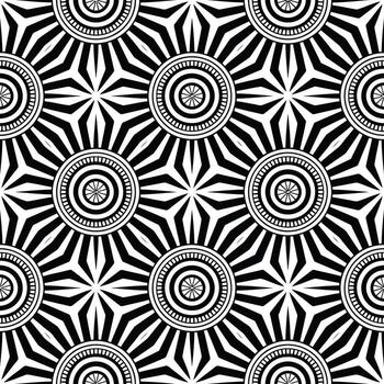 Abstract geometric pattern with black and white concentric circles and starburst shapes illustration vector