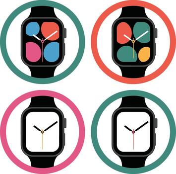 Four smartwatches displayed in circles, two with colorful watch faces and two with simple white faces illustration vector