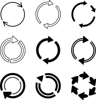 Nine different circular arrow icons representing refresh, repeat, and recycle symbols isolated on white background illustration vector