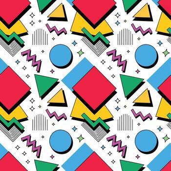 Retro 80s geometric pattern with colorful shapes and zigzags isolated on white background illustration vector