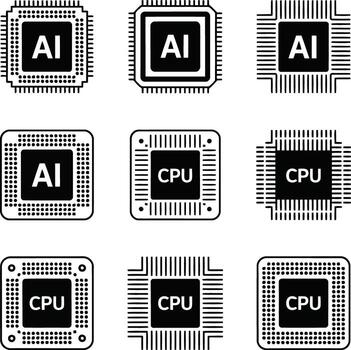 Set of nine icons representing ai and cpu chips isolated on white background illustration vector