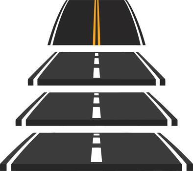 Perspective view of a multilane highway with white dashed lines and a yellow center line illustration vector
